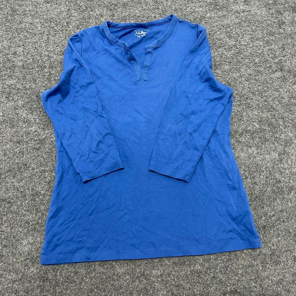 L.L. Bean Henley Top Womens Size L Blue Cotton Long Sleeve Casual Split Neck